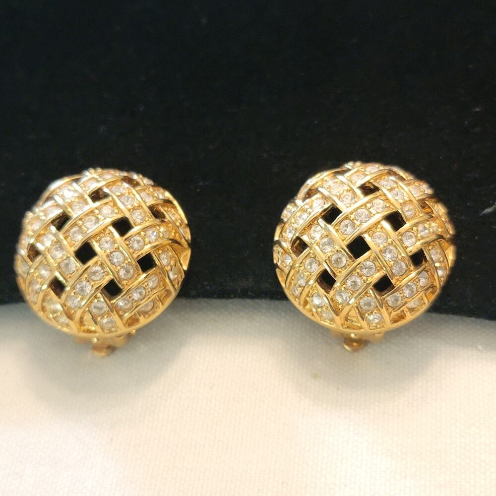 vintage 1980s  Gold Tone Crystal Dome Vintage Clip On Earrings